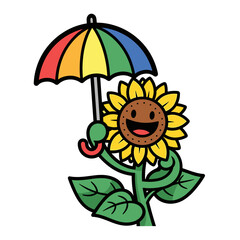 Cheerful Cartoon Sunflower Holding a Rainbow Umbrella