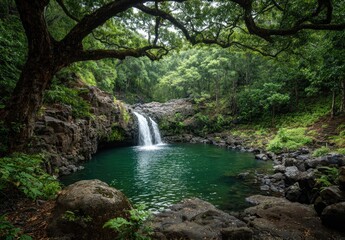 Lush waterfall cascading into a tranquil pool, enveloped by a verdant forest