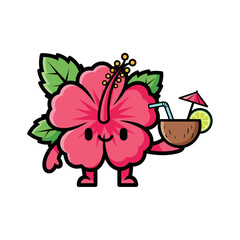 Tropical Cartoon Hibiscus Flower Enjoying a Coconut Drink