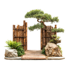  Bamboo gate with zen garden design wooden path bonsai tree lush green plants tranquil atmosphere natural stone Japanese style peaceful outdoor [Transparent Background PNG]