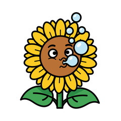 Playful Cartoon Sunflower Character Blowing Bubbles