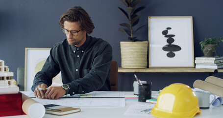 Drawing, industry and architect with blueprints in office for construction planning with project....
