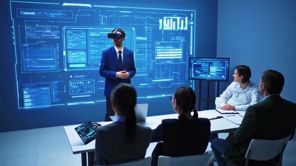 Businessman Presents with VR Headset and Interactive Interface to Colleagues in Meeting - Powered by Adobe