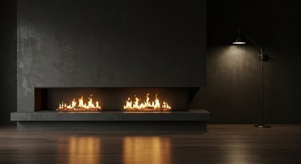 Modern gas fireplace with realistic flames in a dark contemporary living space