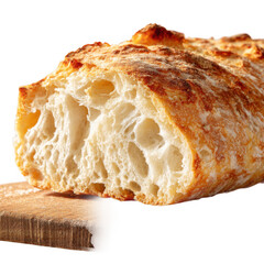 Ciabatta bread with an airy texture displayed on a wooden surface, professional food photography emphasizing details of the crust and crumb structure. [Transparent Background PNG]