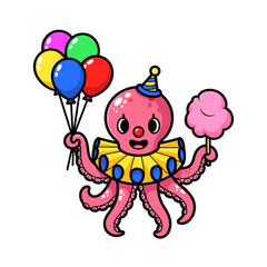 Cartoon Pink Octopus Clown with Balloons and Cotton Candy