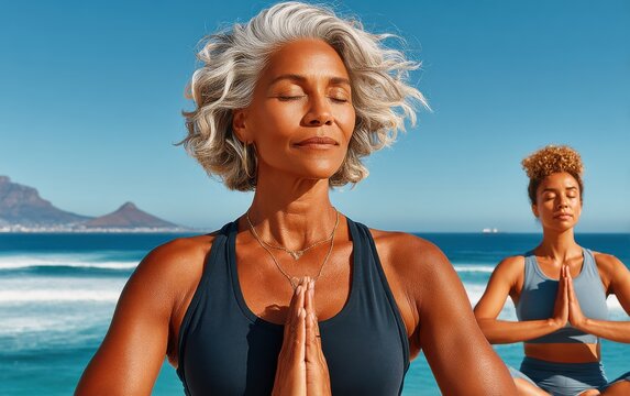 Diverse group practicing yoga on a beach under clear blue skies