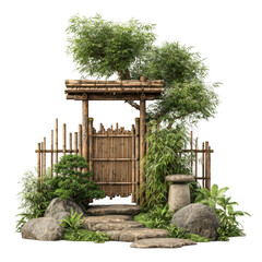  Bamboo gate with zen garden design wooden path bonsai tree lush green plants tranquil atmosphere natural stone Japanese style peaceful outdoor [Transparent Background PNG]