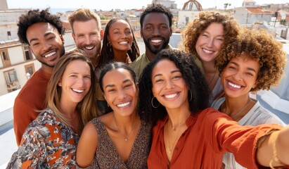 Obraz premium A cheerful group of diverse friends joyfully taking a selfie outdoors
