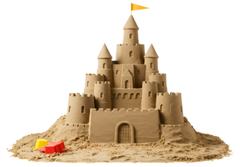 Intricate sandcastle with multiple towers and a yellow flag on a black background