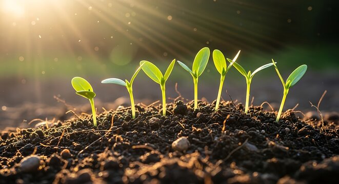 The process of growth, new plants emerge from fertile soil under sunrays showing progression