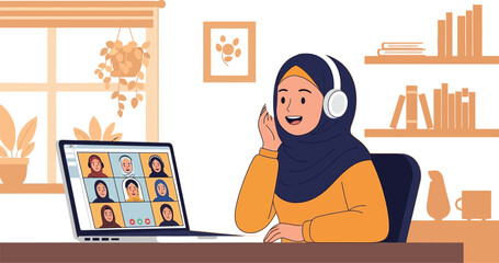 Fototapeta premium Woman enjoys online meeting with diverse group, connecting from home workspace