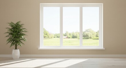 Fototapeta premium Bright modern room with large window overlooking a lush green landscape