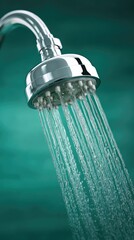 Chrome shower head spraying water on teal backdrop