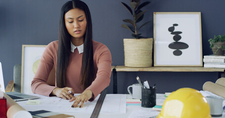 Office, architect and woman with blueprint, design or planning for architecture project or...