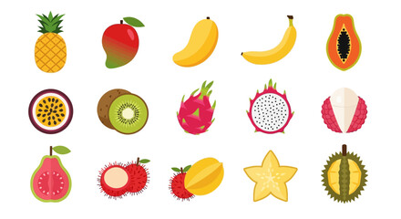 Collection of Flat-Style Tropical Fruit Icons: Pineapple, Mango, Banana, Papaya, Passion Fruit, Kiwi, Dragon Fruit, Lychee, Guava, Rambutan, Star Fruit, Durian