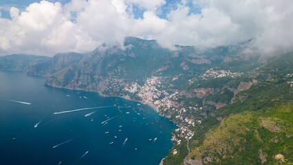 Aerial View of Amalfi Coastline and Boats on Turquoise Water