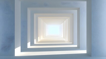 A perspective view of a light-filled architectural space.