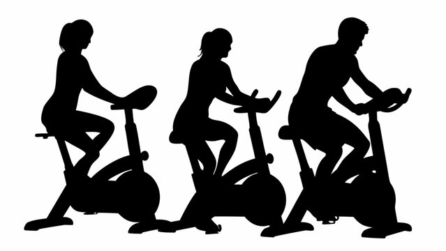 Silhouettes of three people riding stationary bikes in a fitness or gym setting for cardio workout session | editable eps vectors