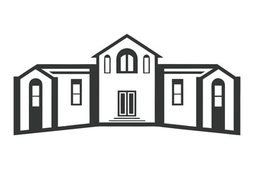 Modern House Facade Silhouette with Arched Windows and Double Door on White