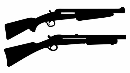 Two black silhouette illustrations of pump action shotguns on a white background are presented here | editable eps vectors