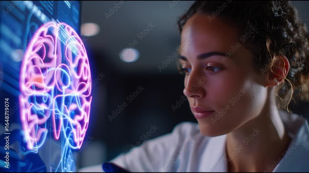 Poster medical researcher examines brain scan data in a laboratory setting after hours