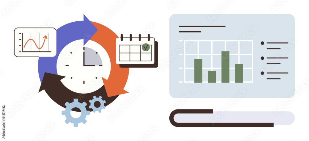 Poster circular arrows surrounding a clock, bar chart on monitor, calendar with checkmark, and gears. ideal