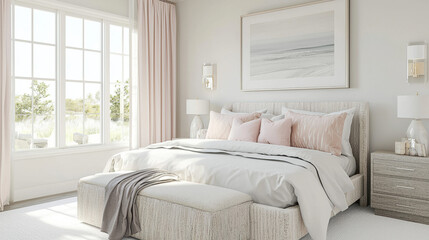 A bright coastal bedroom with soft light from left-side windows.