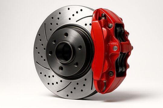 Detailed view of a high performance brake system with red caliper and drilled disc