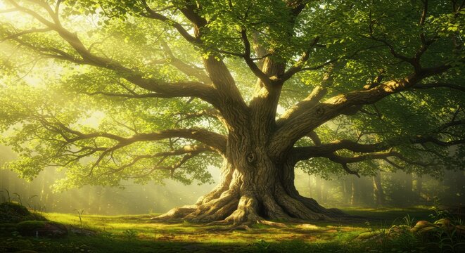 Majestic ancient oak tree bathed in ethereal golden sunlight in a mystical forest setting - Powered by Adobe