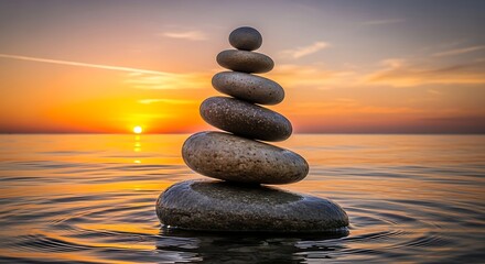 Zen harmony: Balancing stones in serene water against a vibrant sunset sky
