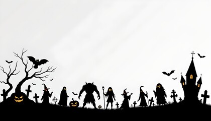 A lineup of Halloween themed characters standing in front of a Halloween inspired background