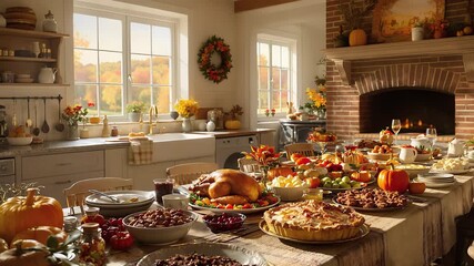 Festive Thanksgiving Dinner Table Spread with Autumn Decorations in Cozy