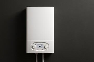 Contemporary white boiler with temperature display mounted on a dark wall