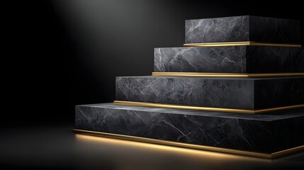 Stacked black marble podiums with gold trim.