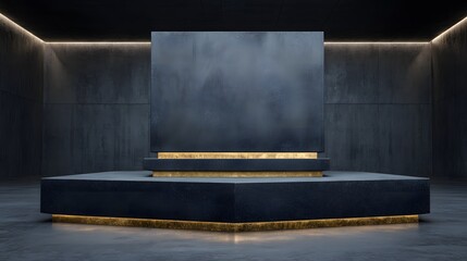 Dark, modern, geometric display platform with lighting accents.