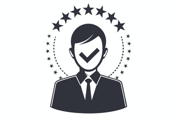 Monochrome Business Person Star Circle Checkmark Face Icon on White Background