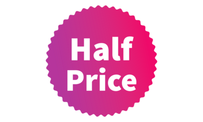 Half Price Pink Authentic sticker design, stamp, labels on vector web shopping stickers isolated on PNG or Transparent Background