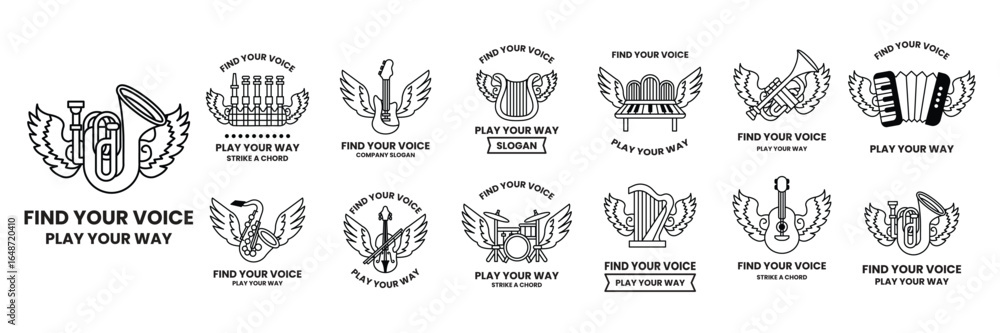 Poster set of illustrations in winged objects concept in line style