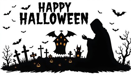 A Halloween themed greeting card, featuring illustrations of tombstones, ghosts, bats, and pumpkins set against a backdrop of a graveyard at night with a haunted house in the background.