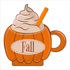 Vector illustration of an orange pumpkin shaped mug filled with whipped cream and an orange straw with the words 