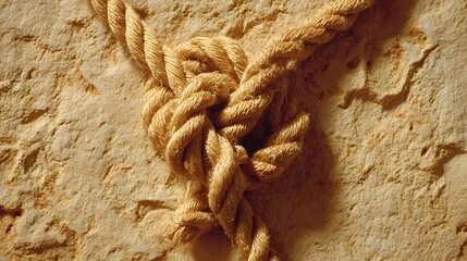 Close-up view of a knot in a light beige rope against a textured surface.