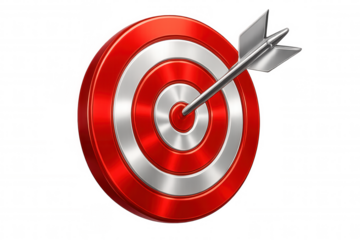 Metallic arrow piercing red-silver target's bullseye, symbolizing precision, achievement, strategic goals in competitive business landscape