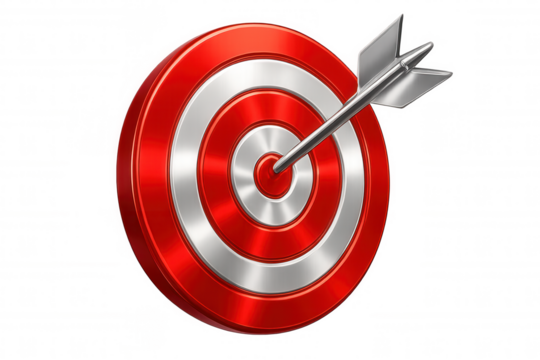 Metallic arrow piercing red-silver target's bullseye, symbolizing precision, achievement, strategic goals in competitive business landscape