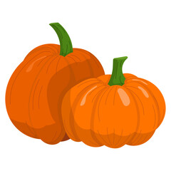 A simple illustration of two orange pumpkins with green stems on a white background.