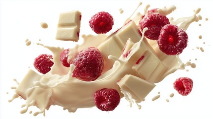 Flying pieces of white chocolate with raspberries in a milky splash isolated on white background