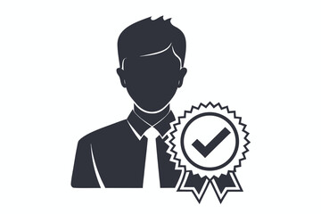 Person Silhouette with Rosette Medal, Professional Success on White Background