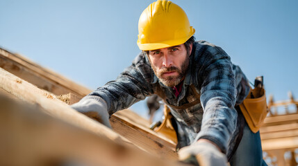 Determined male roofer in safety gear working on a new house, showcasing craftsmanship in a sunny suburban setting, emphasizing home construction and safety.