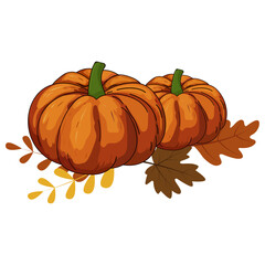 A cheerful illustration of two orange pumpkins with green stems, surrounded by colorful autumn leaves on a white background.