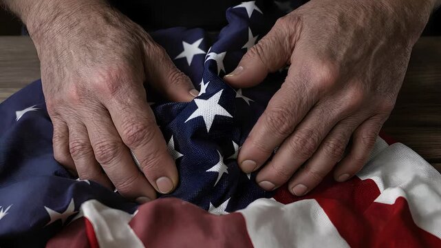 Hands Carefully Arranging a Folded American Flag with Red, White, and Blue